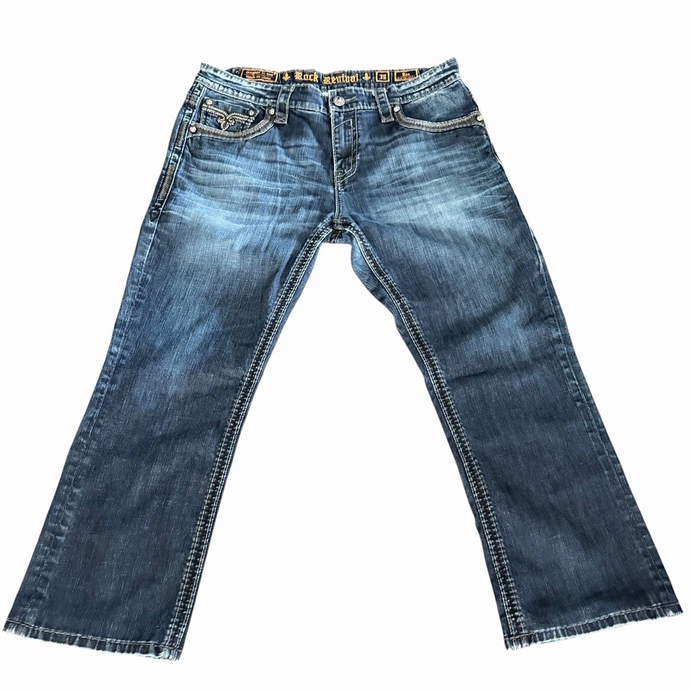 Rock Revival Ben Alt Straight Jeans Mens 38 Studded Rhinestone Flap Pocket Blue